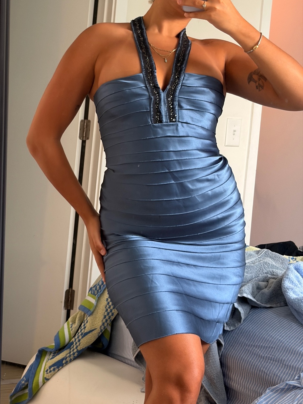 BCBGMaxAzria Steel Blue One-Shoulder Bandage Halter Dress